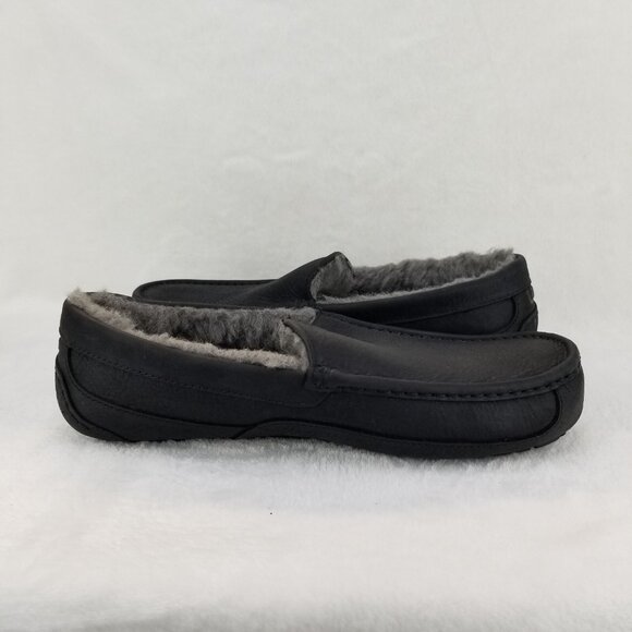 ✅UGG Ascot Black Leather Gray Sheepskin Lined Moc Toe Slippers Men’s 13 Comfort - Picture 11 of 12